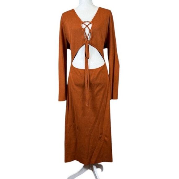 GoodTimesUSA Burnt Orange Copper Stretch Midi Dress Cut Outs Laced Front Size 3X - Picture 2 of 13